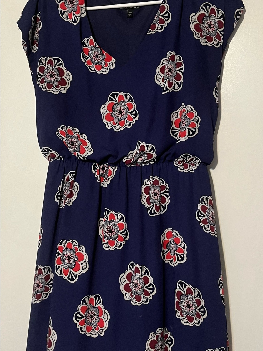 Express Navy Midi Dress with Red & White Floral Motif